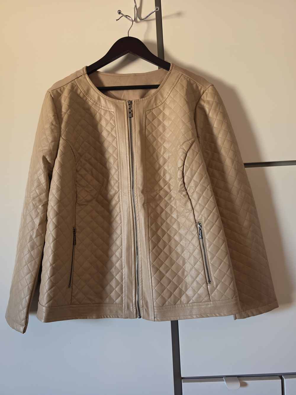 Quilted Beige Faux-Leather Jacket for Women
